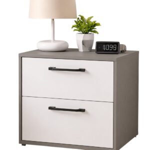 Noptiera Dormitor 2 Sertare, PAL Melaminat, Gri/Alb, Manere Negre, Design Modern, 50x45x40 cm