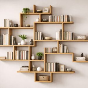 Biblioteca de perete, Design elegant, din pal 18 mm, 140 x 120 x 20 cm, culoare stejar