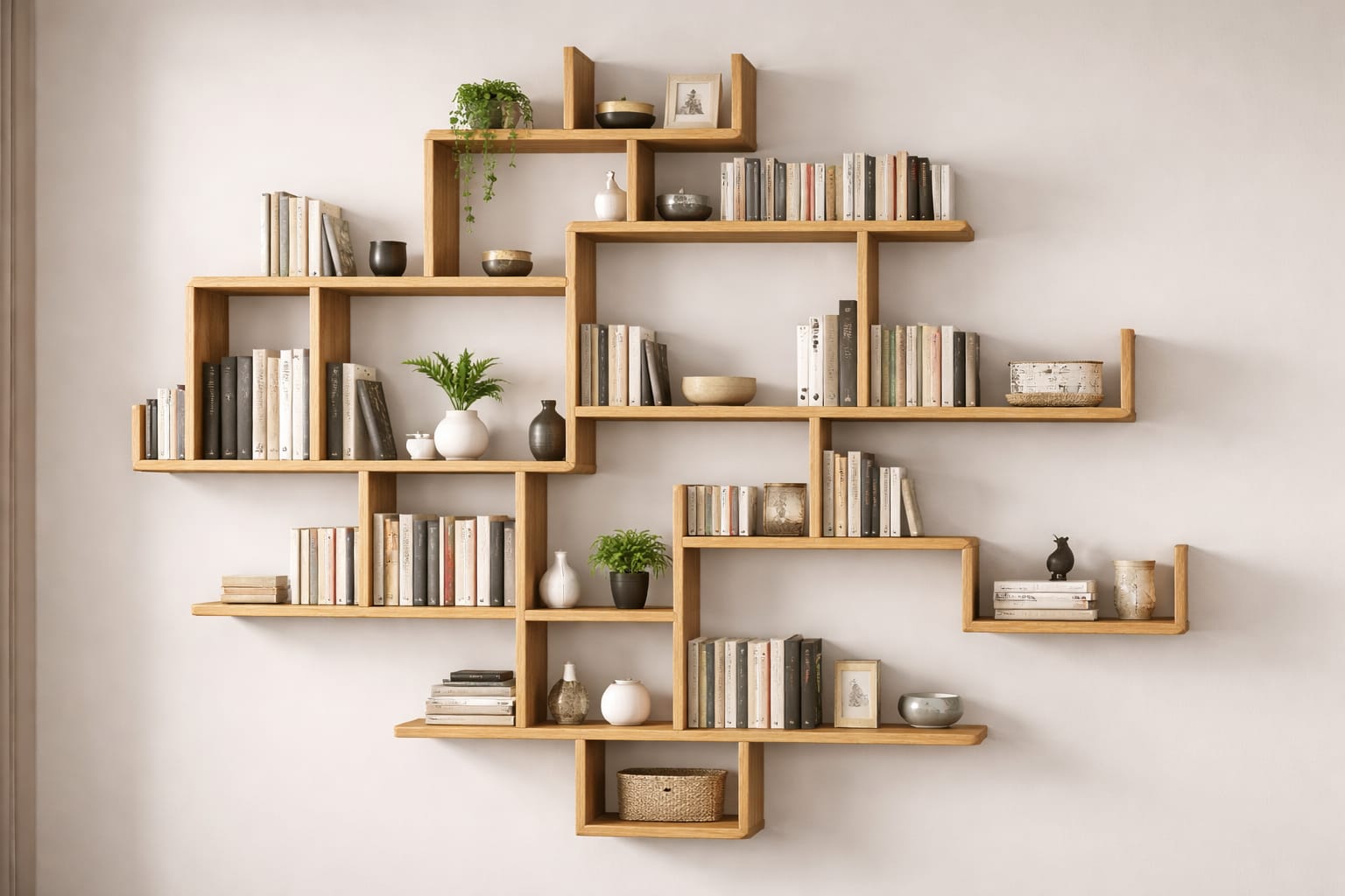 Biblioteca de perete, Design elegant, din pal 18 mm, 140 x 120 x 20 cm, culoare stejar
