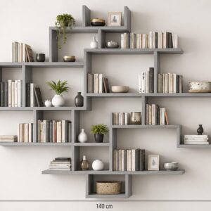 Biblioteca de perete, Design elegant, din pal 18 mm, 140 x 120 x 20 cm, gri