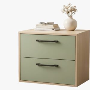 Noptiera Dormitor 2 Sertare, PAL Melaminat, Stejar Deschis/Verde salvie, Manere Negre, Design Modern, 50x45x40 cm